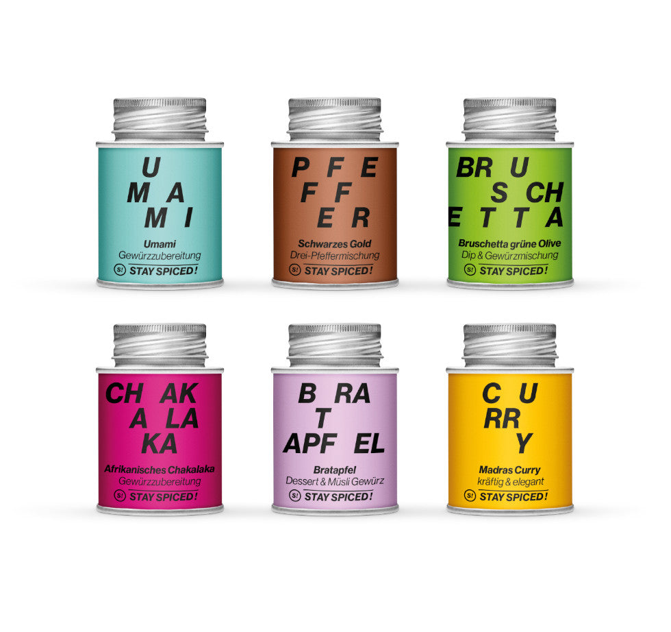 Die sechs farbenfrohen STAY SPICED ! Gewürzdosen der Famous Six Geschenkbox im Detail
