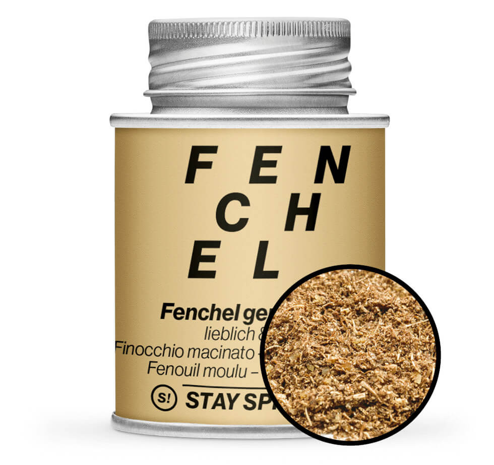 hellbraune Gewürzdose und Detailansicht von Fenchel gemahlen von STAY SPICED! bei Chefkoch-Gewürze