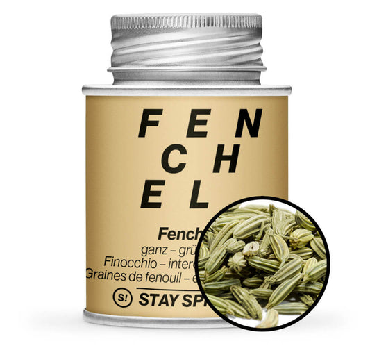 Hellbraune Gewürzdose und Detailansicht von Fenchel grün ganz von STAY SPICED! bei Chefkoch-Gewürze