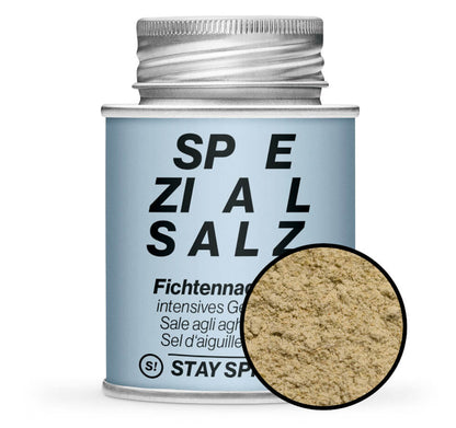 Fichtennadel-Salz - Hellblaue Gewürzdose mit kleiner runder Gewürz-Vorschau von STAY SPICED ! bei Chefkoch-Gewürze