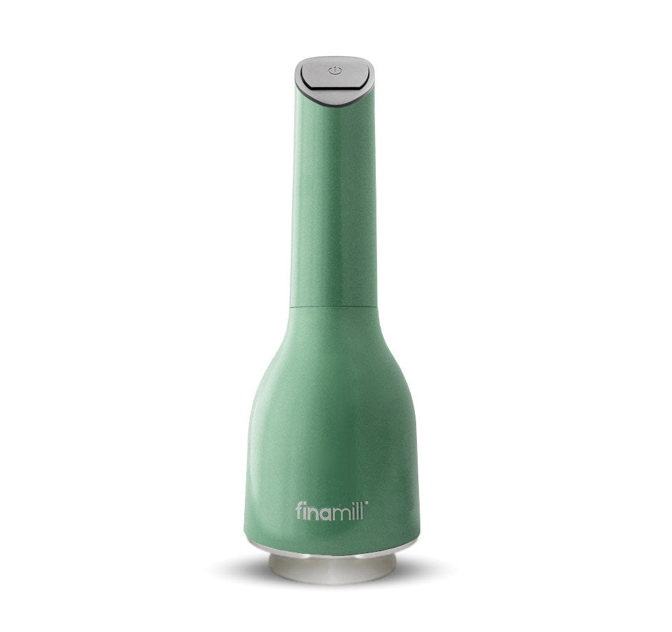 Elegantes und minimalistisches Design der batteriebetriebenen FinaMill Gewürzmühle in der Farbe Salbei-Grün