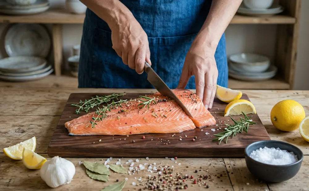 Frischer roher Lachs wird auf einem massiven Holzbrett geschnitten und mit Gewürzen verfeinert online kaufen bei chefkoch-gewürze Schweiz