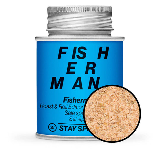 Fisherman Fischgewürz - Hellblaue Gewürzdose mit kleiner runder Gewürz-Vorschau von STAY SPICED ! bei Chefkoch-Gewürze
