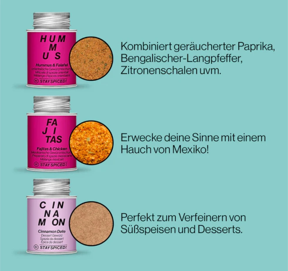 Die STAY SPICED ! Gewürzdosen Hummus und Falafel, Fajitas und Chicken sowie Cinnamon Date im detaillierten Überblick