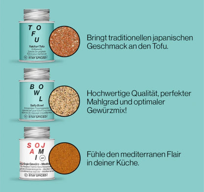 Die STAY SPICED ! Gewürzdosen Yakitori Tofu, Salty Bowl und Sojami aus dem exklusiven Fitness Vorteilsset im Detail
