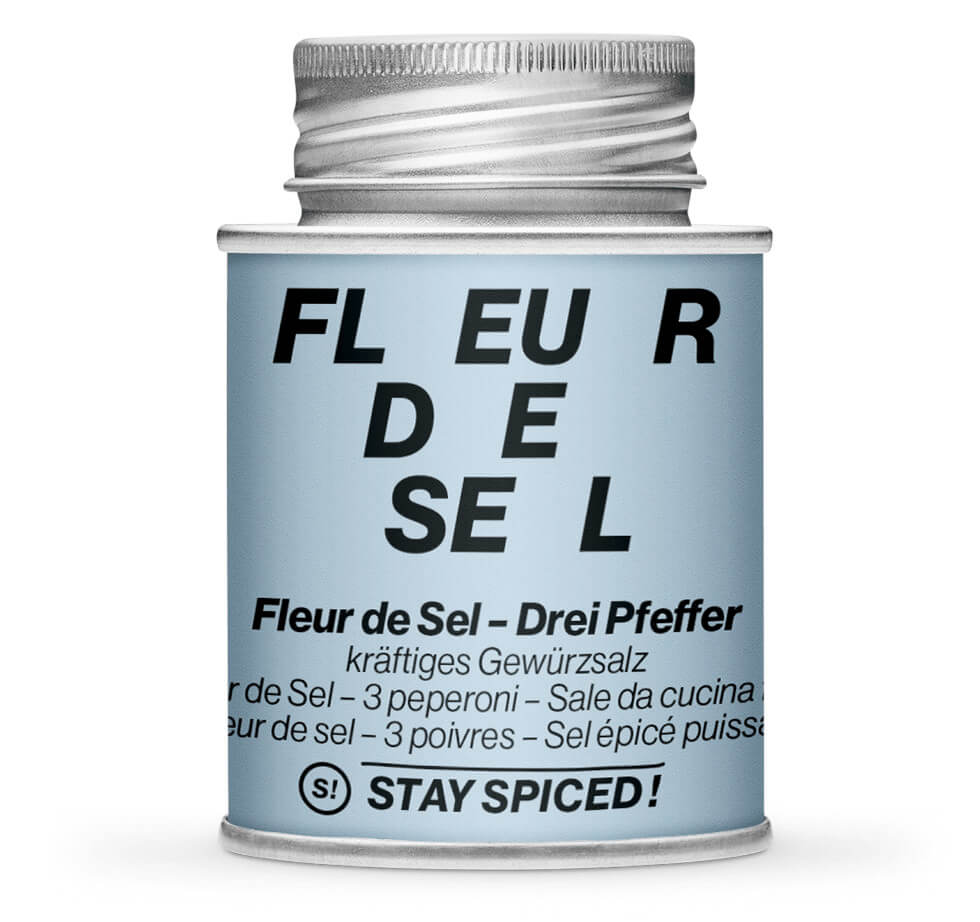 Fleur de Sel Drei Pfeffer - Geschlossene hellblaue Gewürzdose von STAY SPICED