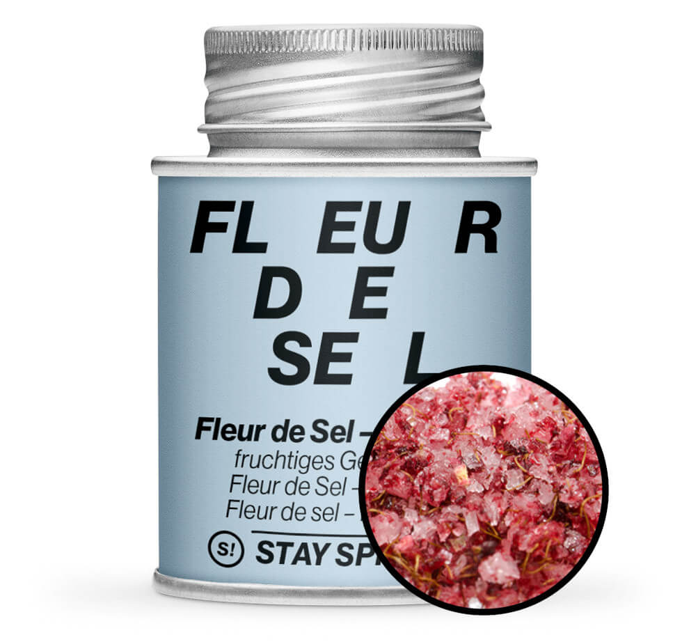 Fleur de Sel Himbeer - Hellblaue Gewürzdose mit kleiner runder Gewürz-Vorschau von STAY SPICED! bei Chefkoch-Gewürze
