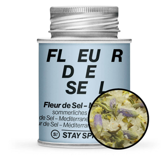 Fleur de Sel Mediterran - Hellblaue Gewürzdose mit kleiner runder Gewürz-Vorschau von STAY SPICED! bei Chefkoch-Gewürze
