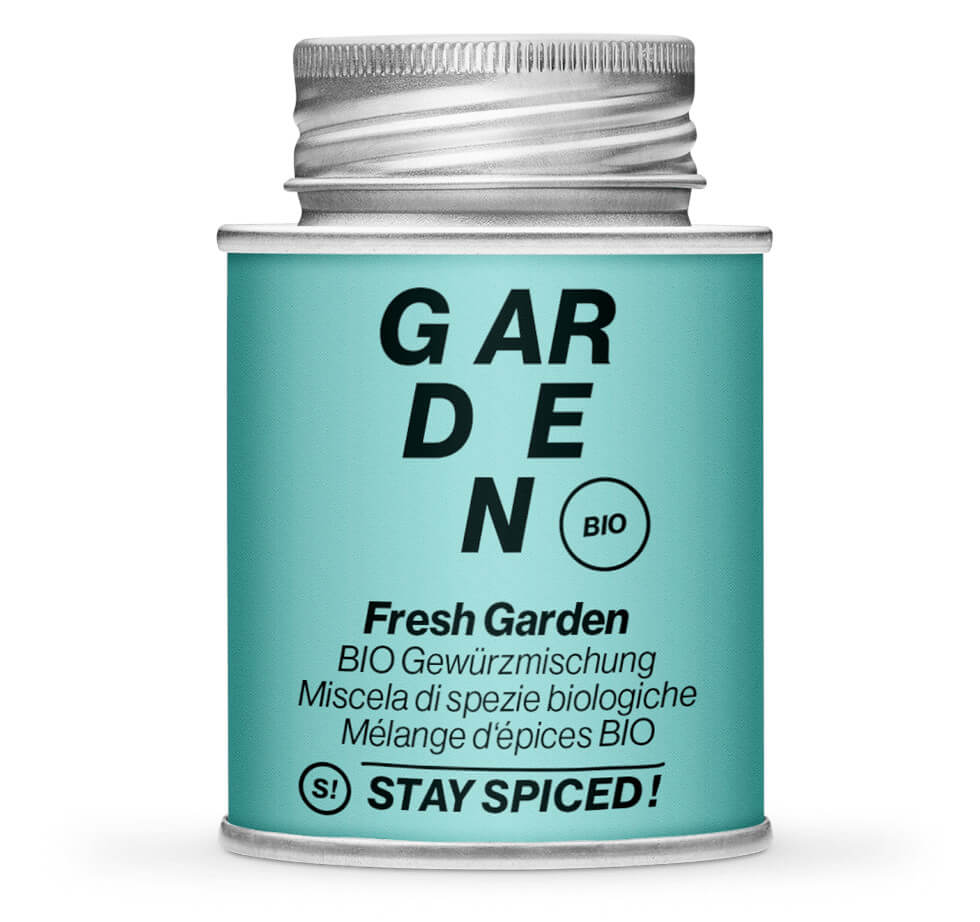 BIO Fresh Garden Gewürzmischung - Geschlossene hellblaue Gewürzdose von STAY SPICED!