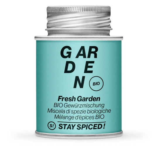 BIO Fresh Garden Gewürzmischung - Geschlossene hellblaue Gewürzdose von STAY SPICED!