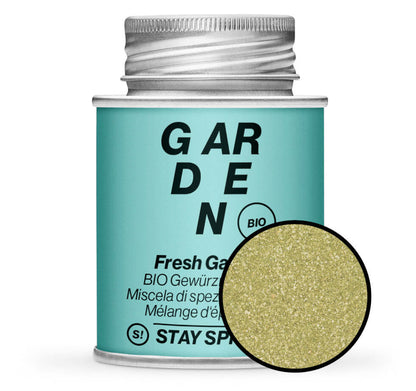 BIO Fresh Garden Gewürzmischung - Hellblaue Gewürzdose mit kleiner runder Gewürz-Vorschau von STAY SPICED! bei Chefkoch-Gewürze