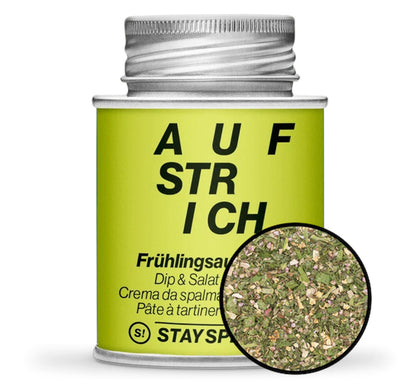 Frühlingsaufstrich Gewürz - Hellgrüne Gewürzdose mit kleiner runder Gewürz-Vorschau von STAY SPICED! bei Chefkoch-Gewürze