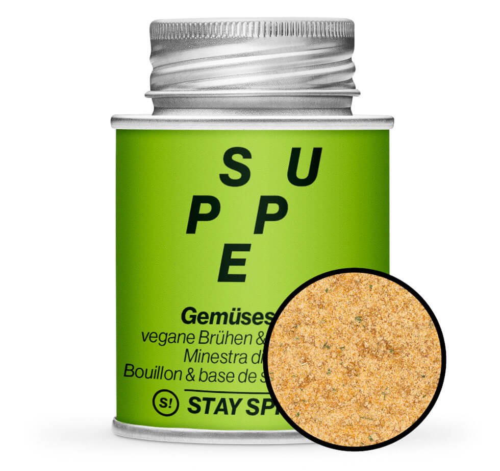 Gemüsebouillon & Gemüsesuppe - Hellgrüne Gewürzdose mit kleiner runder Gewürz-Vorschau von STAY SPICED! bei Chefkoch-Gewürze