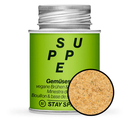 Gemüsebouillon & Gemüsesuppe - Hellgrüne Gewürzdose mit kleiner runder Gewürz-Vorschau von STAY SPICED! bei Chefkoch-Gewürze