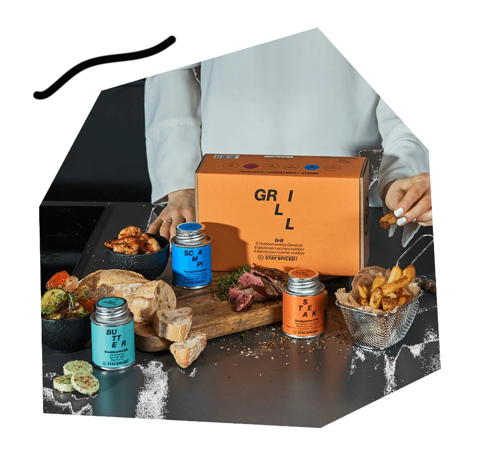 Das exklusive Grill Geschenkset von STAY SPICED ! präsentiert sich mit sechs abgestimmten Gewürzmischungen