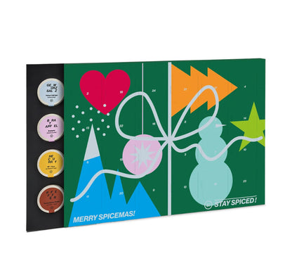 Gewürz Adventskalender 2025 - Geöffneter Kalender mit seitlich ausziehbarem Inlay und Gewürzdosen von STAY SPICED