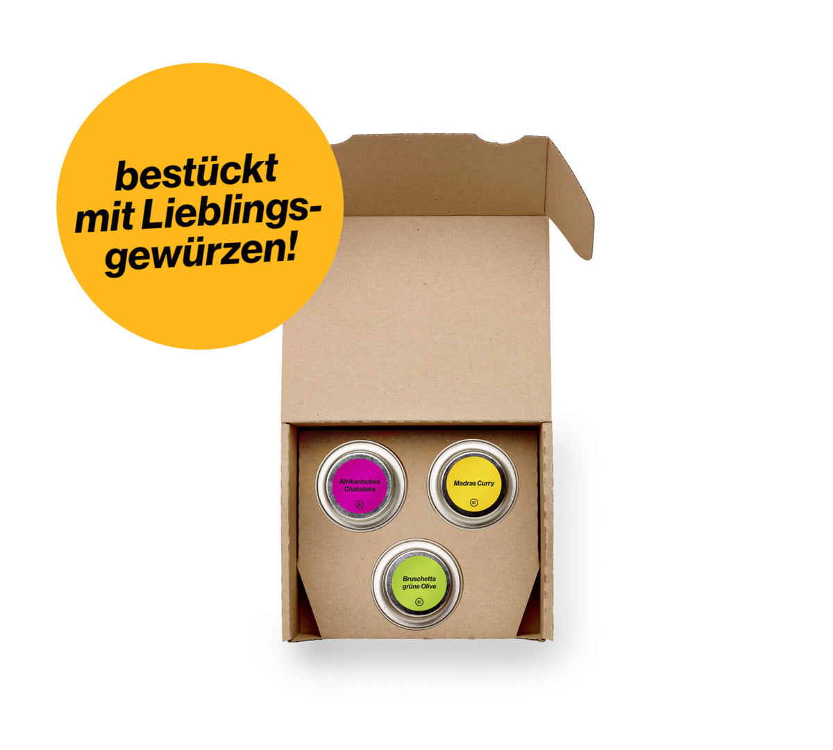 Gewürzbox Geschenkset bestückt mit 3 Lieblingsgewürzen von Chefkoch-Gewürze (offene Ansicht mit drei Dosen)