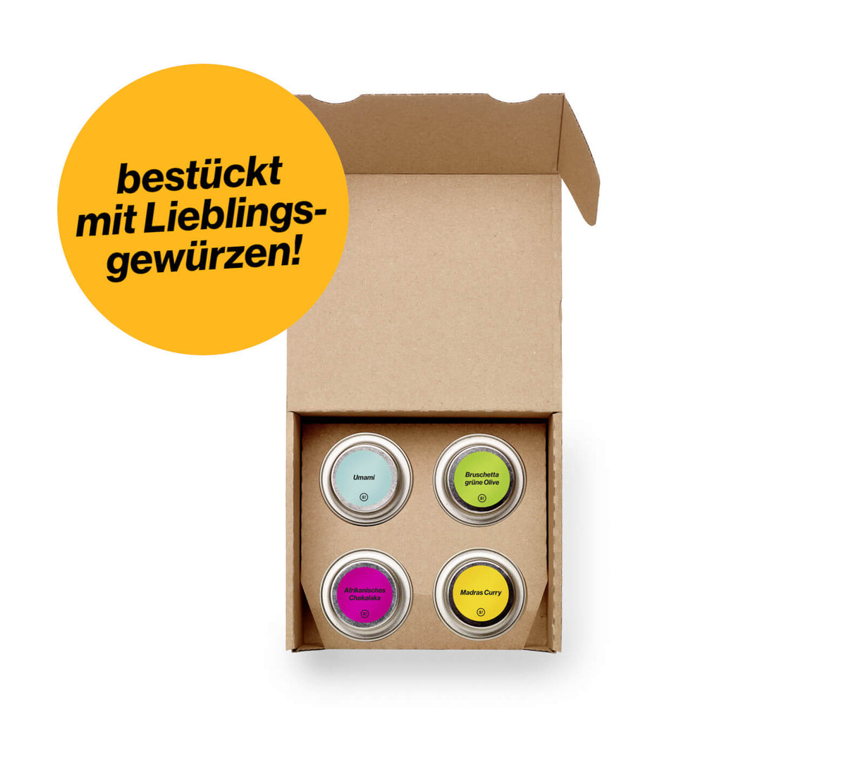 Gewürzbox Geschenkset bestückt mit 4 Lieblingsgewürzen von Chefkoch-Gewürze (offene Ansicht mit vier Dosen)