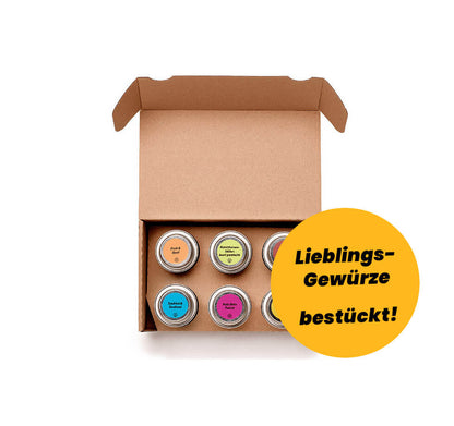 Gewürzbox Geschenkset bestückt mit 6 Lieblingsgewürzen von Chefkoch-Gewürze (offene Ansicht mit sechs Dosen)