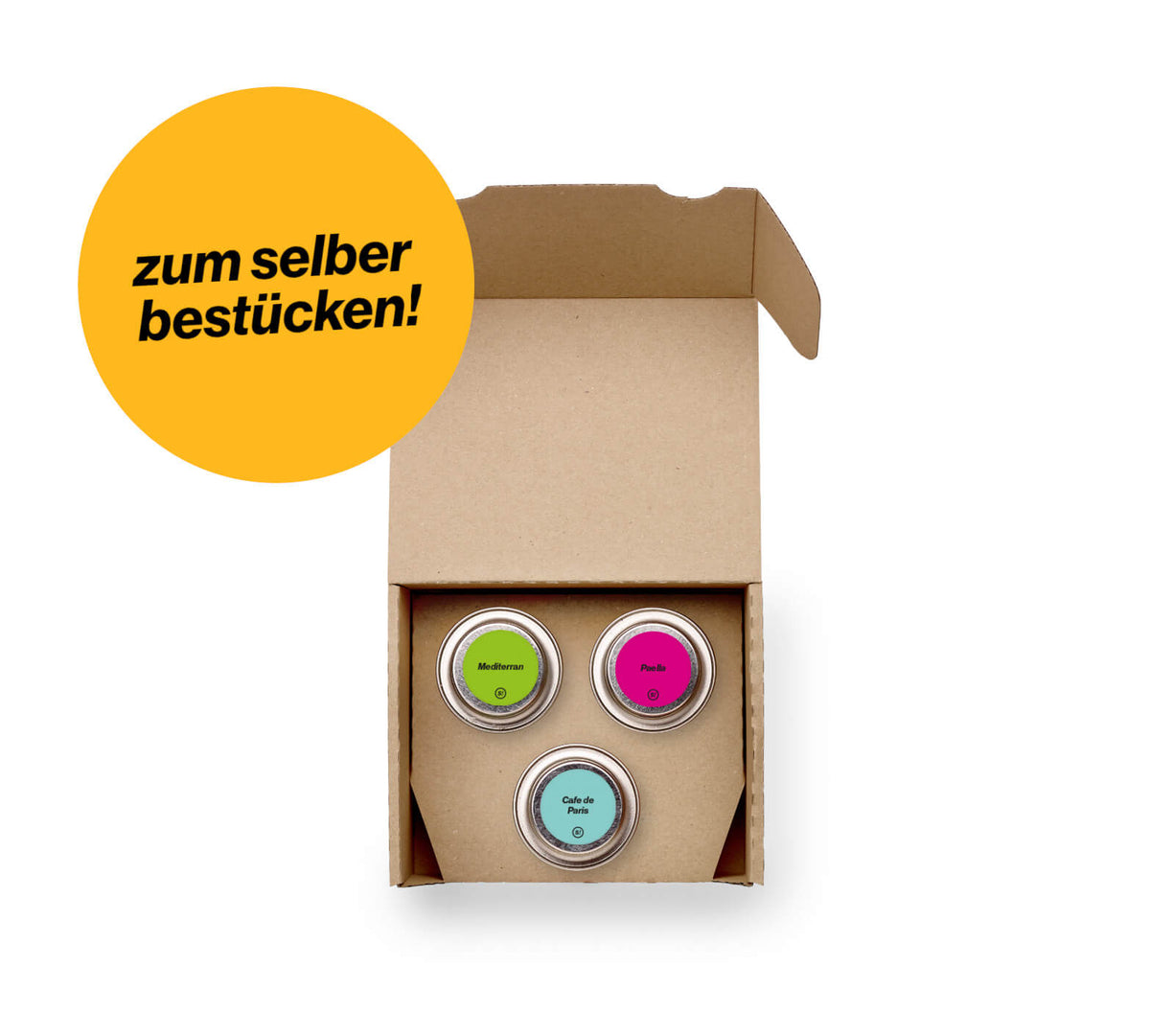 Gewürzbox Geschenkset zum selber bestücken für 3 Dosen von Chefkoch-Gewürze (offene Ansicht)
