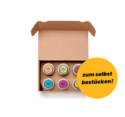 Gewürzbox Geschenkset zum selber bestücken für 6 Dosen von Chefkoch-Gewürze (offene Ansicht)