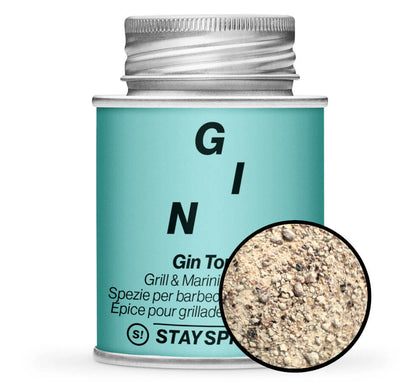 Gin Tonic Grill & Mariniergewürz - Hellblaue Gewürzdose mit kleiner runder Gewürz-Vorschau von STAY SPICED! bei Chefkoch-Gewürze