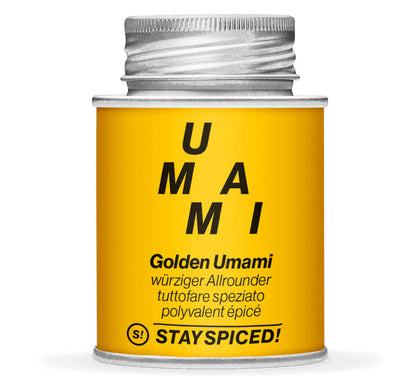 Golden Umami, würziger Allrounder - Geschlossene gelbe Gewürzdose von STAY SPICED!