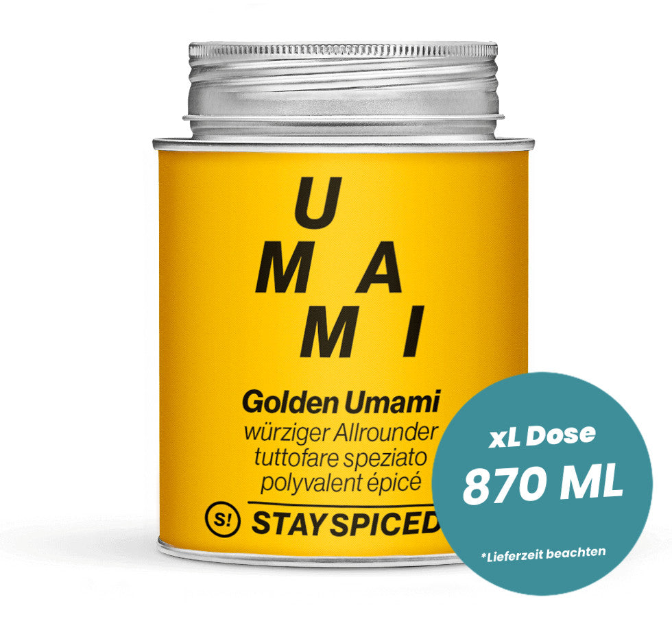 Golden Umami, würziger Allrounder in der grossen XL-Dose (870ml) von STAY SPICED!
