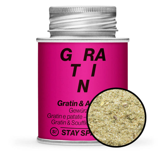 Gratin & Auflauf Gewürzmischung - Pinke Gewürzdose mit kleiner runder Gewürz-Vorschau von STAY SPICED! bei Chefkoch-Gewürze
