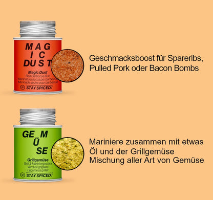Anwendung der STAY SPICED ! Gewürzdosen Magic Dust für Spareribs und Grillgemüse Mischung für Gemüsevariationen