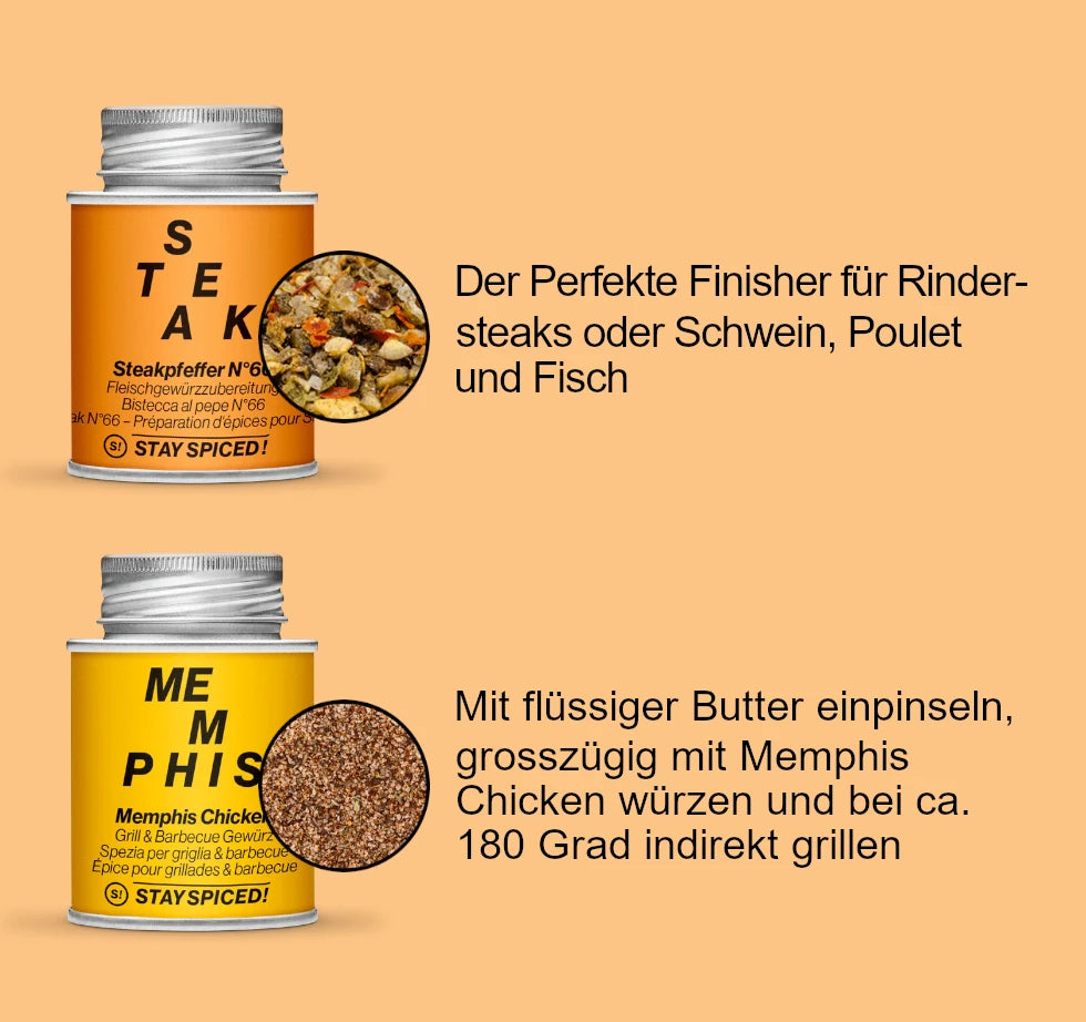 Anwendung der STAY SPICED ! Gewürzdosen Steakpfeffer für Rindersteaks und Memphis Chicken für Geflügelgerichte auf dem Grill