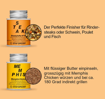 Anwendung der STAY SPICED ! Gewürzdosen Steakpfeffer für Rindersteaks und Memphis Chicken für Geflügelgerichte auf dem Grill