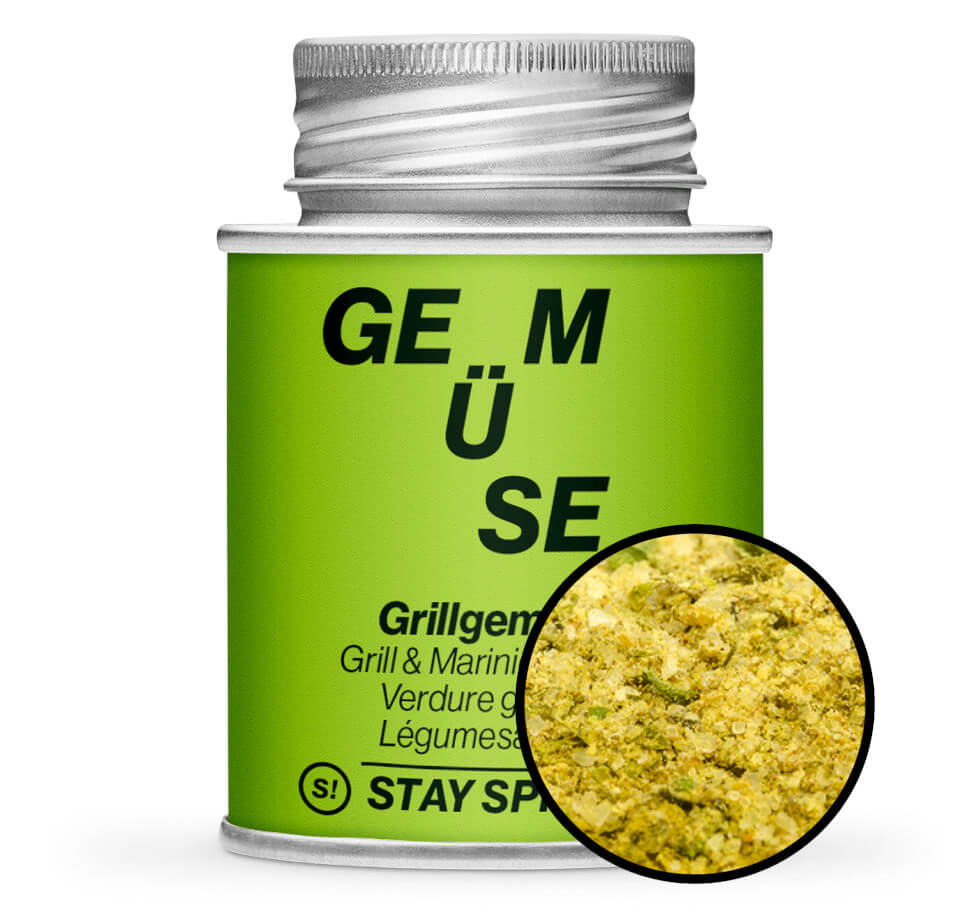 Grillgemüse Gewürz - Hellgrüne Gewürzdose mit kleiner runder Gewürz-Vorschau von STAY SPICED ! bei Chefkoch-Gewürze