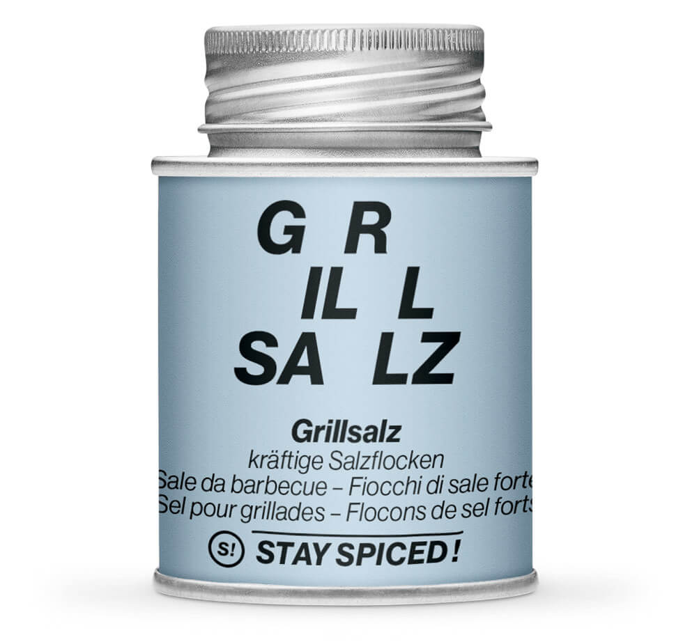Grillsalz kräftige Salzflocken - Geschlossene hellblaue Gewürzdose von STAY SPICED