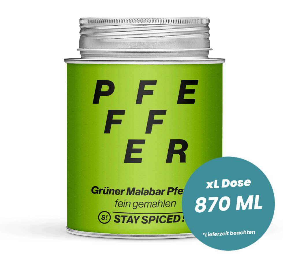 Grüner Pfeffer gemahlen Malabar in der grossen XL-Dose (870ml) von STAY SPICED