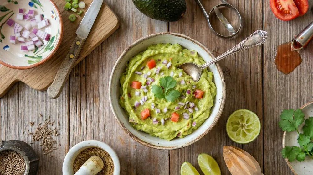 Frische hausgemachte Guacamole mit Avocado, Koriander und roten Zwiebeln in einer Schale zubereitet mit südamerikanischen Gewürzen online kaufen bei chefkoch-gewürze Schweiz