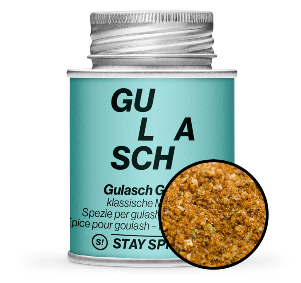 Gulasch Gewürz - Hellblaue Gewürzdose mit kleiner runder Gewürz-Vorschau von STAY SPICED ! bei Chefkoch-Gewürze
