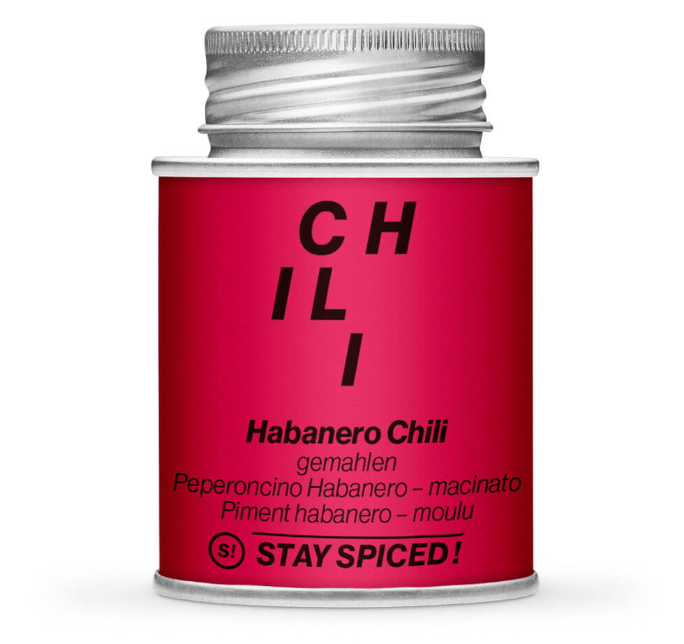 Habanero Chili orange gemahlen - Geschlossene rote Gewürzdose von STAY SPICED !