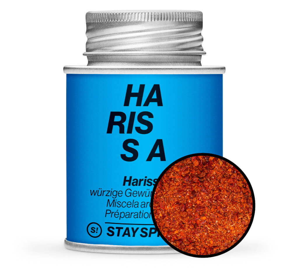 Harissa würzige Gewürzmischung - Blaue Gewürzdose mit kleiner runder Gewürz-Vorschau von STAY SPICED ! bei Chefkoch-Gewürze