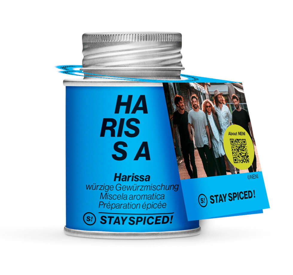 Harissa würzige Gewürzmischung als blaue Gewürzdose mit Neckholder - ideal für würzige Paste und Tomatensuppen