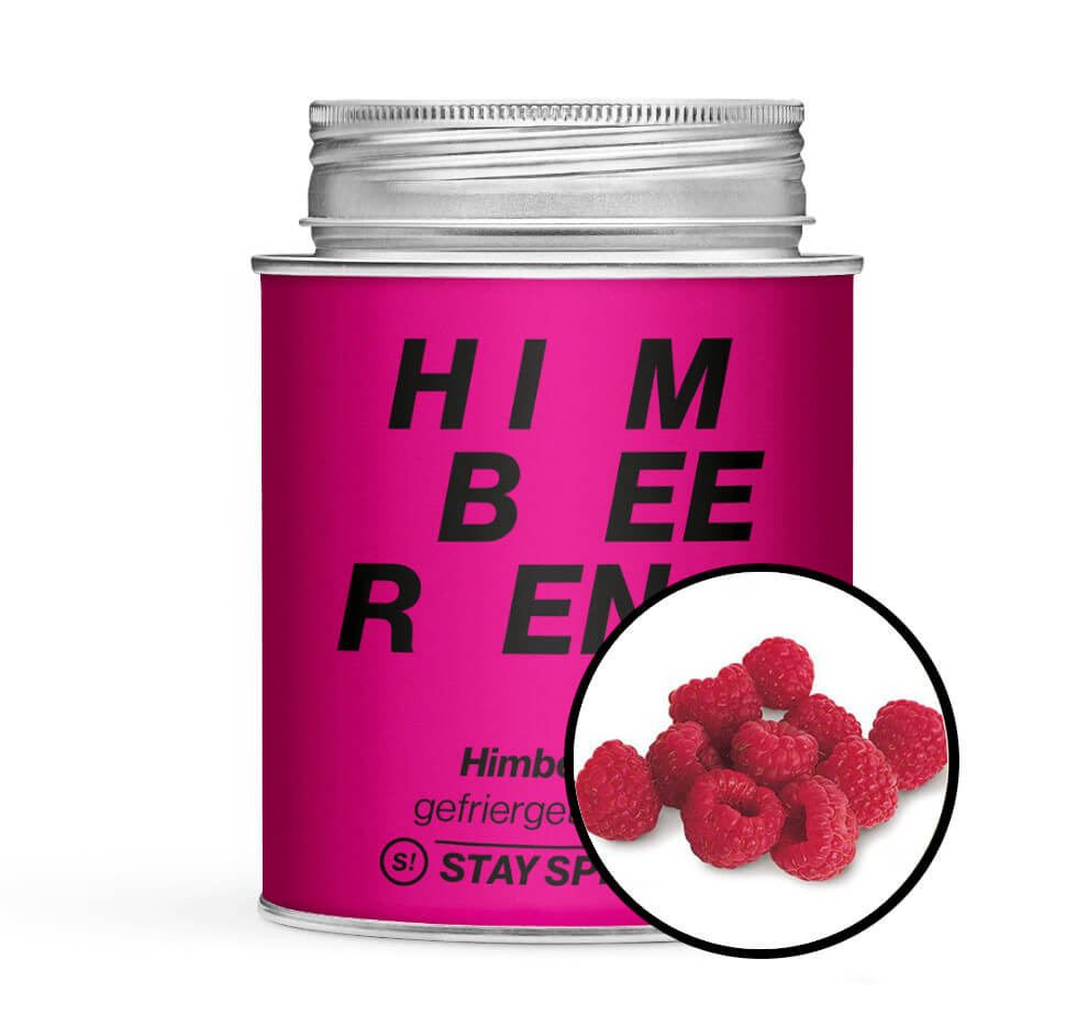 Pinke Gewürzdose und Detailansicht von Himbeeren, gefriergetrocknet von STAY SPICED! bei Chefkoch-Gewürze
