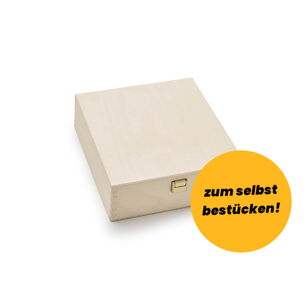 Handgefertigte Holzbox zum Selbstbestücken mit sechs 170ml Gewürzdosen von STAY SPICED !