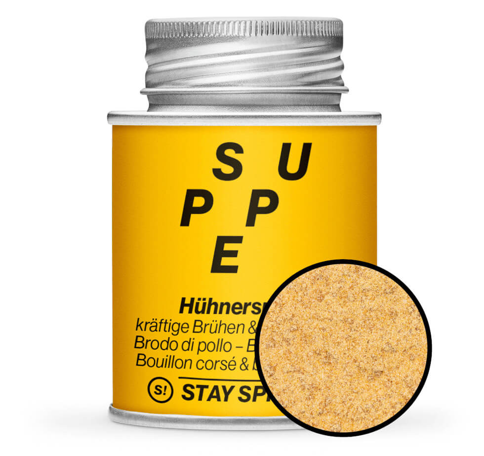Hühnerbouillon & Hühnersuppe - Gelbe Gewürzdose mit kleiner runder Gewürz-Vorschau von STAY SPICED! bei Chefkoch-Gewürze
