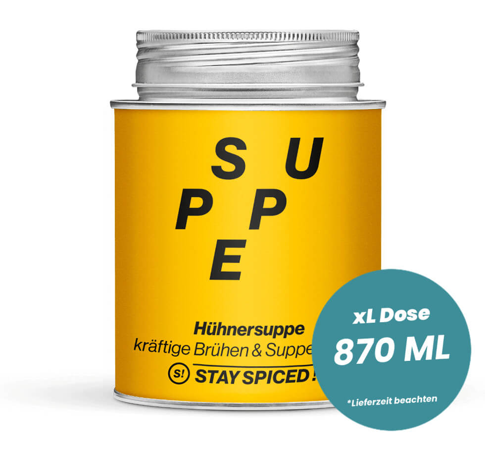 Hühnerbouillon & Hühnersuppe in der grossen XL-Dose (870ml) von STAY SPICED!