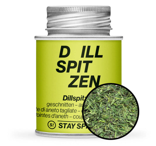 Hellgrüne Gewürzdose und Detailansicht von Dillspitzen geschnitten - original Thüringer von STAY SPICED! bei Chefkoch-Gewürze