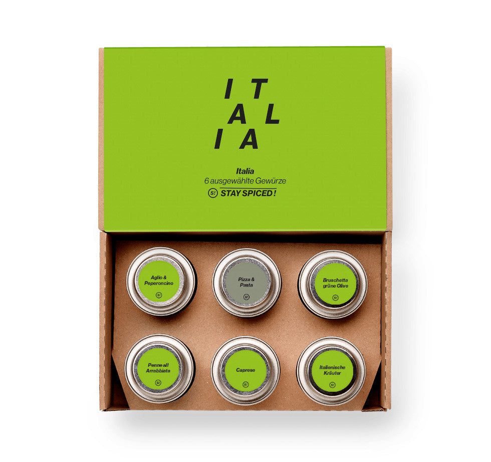 Offene Italia Gewürzbox mit sechs aromatischen STAY SPICED ! Mischungen
