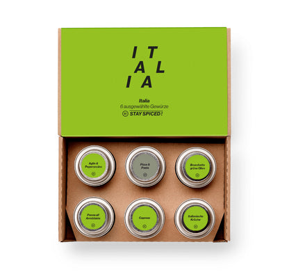 Offene Italia Gewürzbox mit sechs aromatischen STAY SPICED ! Mischungen