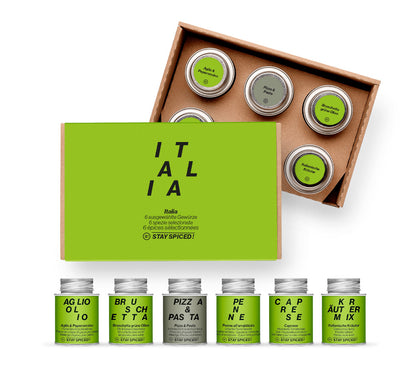 Italienische Geschenkbox Italia von STAY SPICED ! mit sechs mediterranen Gewürzen für italienische Gerichte.