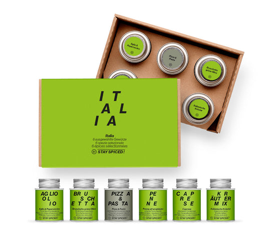 Italienische Geschenkbox Italia von STAY SPICED ! mit sechs mediterranen Gewürzen für italienische Gerichte.