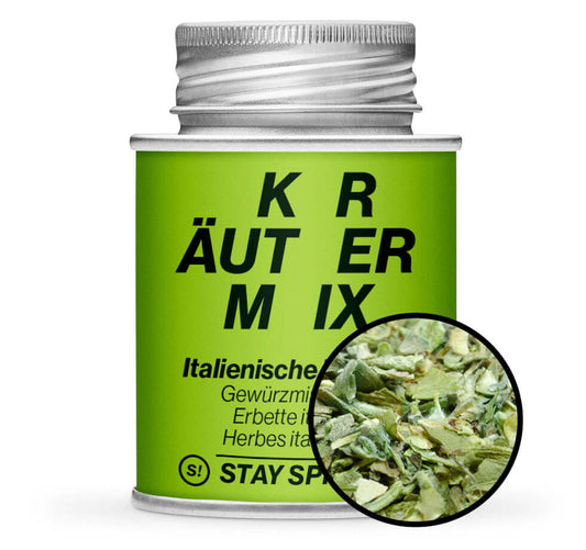 Italienische Kräuter - Hellgrüne Gewürzdose mit kleiner runder Gewürz-Vorschau von STAY SPICED! bei Chefkoch-Gewürze